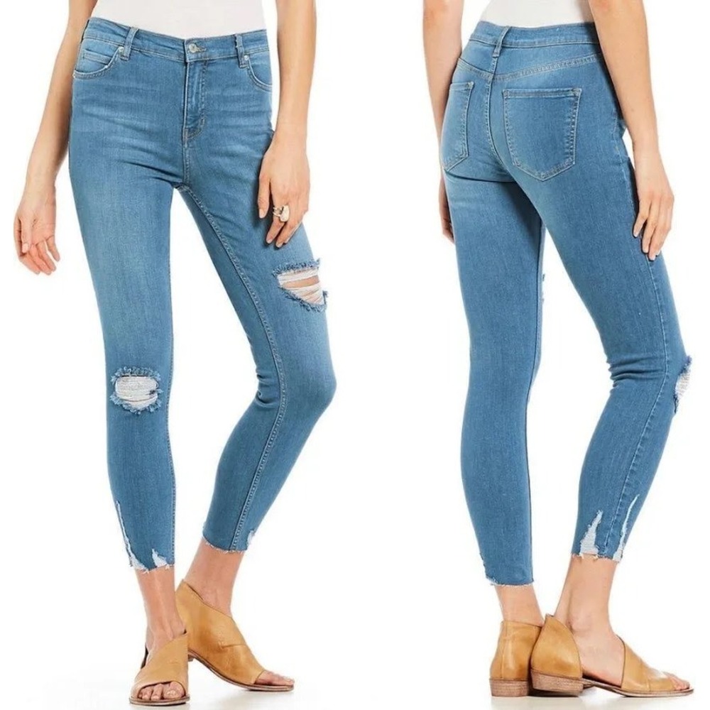 Free People‎ Distressed Skinny Jeans Blue Light Wash Ripped Knee Frayed Hem 25
